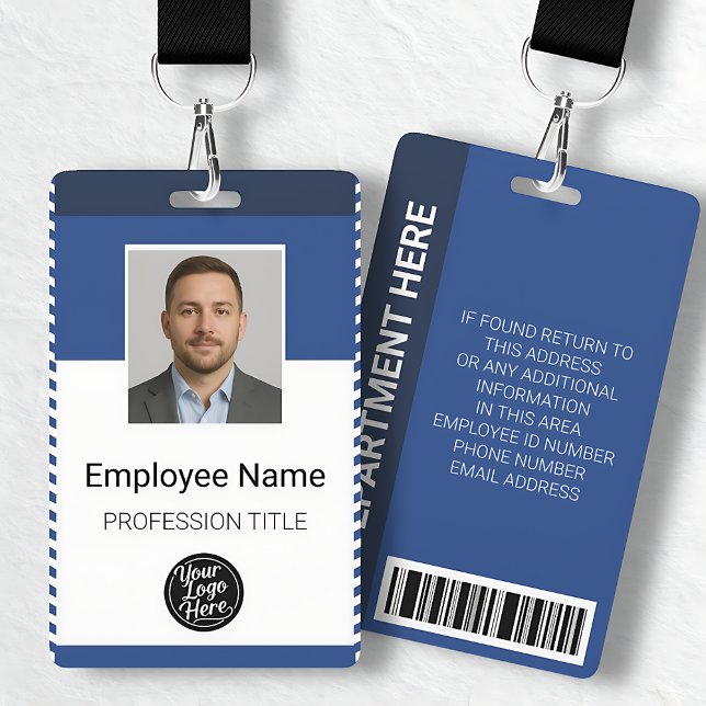 Crachá Foto ID Profissional de Empregado com Listra Azul  (Professional Blue White Stripe Employee Photo ID Badge)