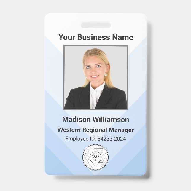 Crachá Foto Personalizada Azul e Branco de Empregado de N (Frente)