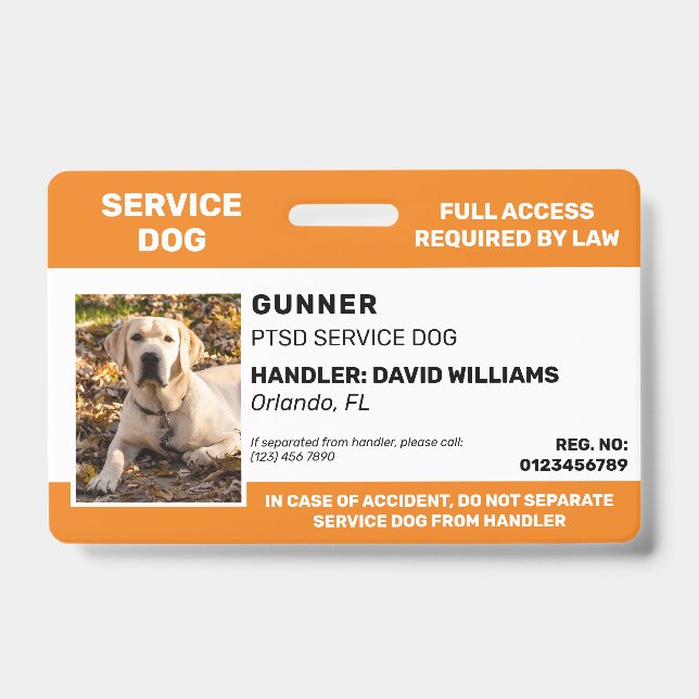 Crachá Foto personalizada de cão branco do serviço laranj (Frente)