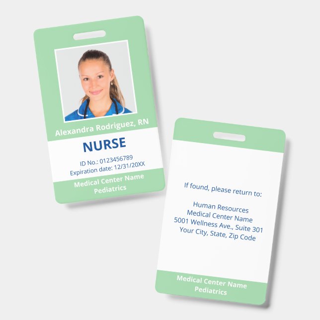 Crachá Foto Personalizada de Funcionário Verde Claro Bran (Frente e verso)