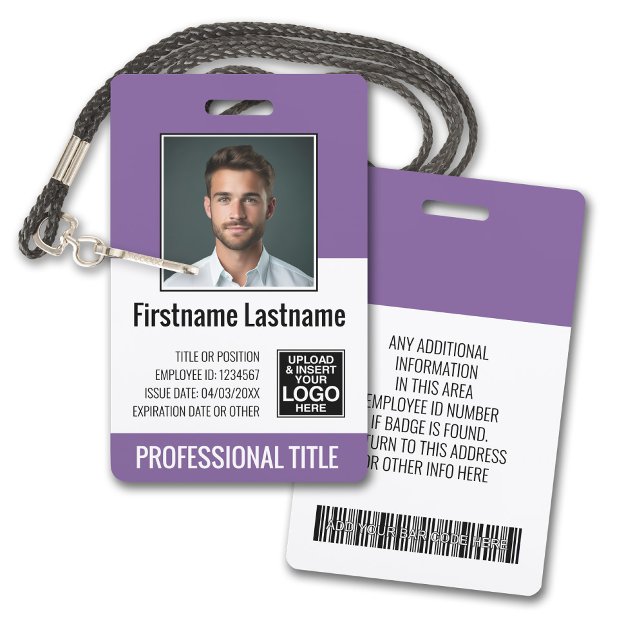 Crachá Funcionário Essencial - Foto, Código de Barras, Lo (Plastic ID Badge - Customize with Employee Photo and Credentials. Purple Accents)