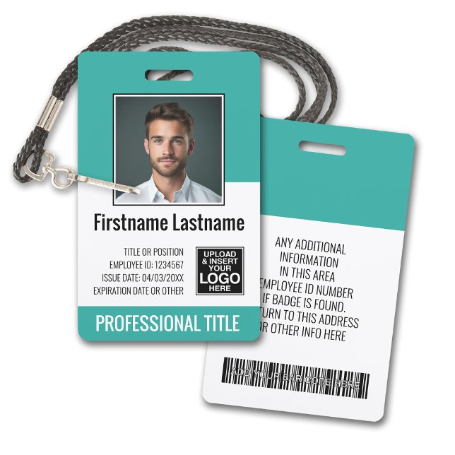 Crachá Funcionário Essencial - Foto, Código de Barras, Lo (Plastic ID Badge - Customize with Employee Photo and Credentials. Teal Accents)