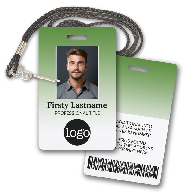 Crachá Funcionário - Foto, Código de Barras, Logotipo, Gr (Employee Badge with Gradient Background. Add a photo and logo to this name tag with green accents.)