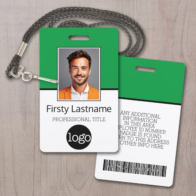 Crachá Funcionário Personalizado - Foto, Código de Barras (Employee ID Badge with Custom Logo, Photo and Scan Bar Code - Green Accents)