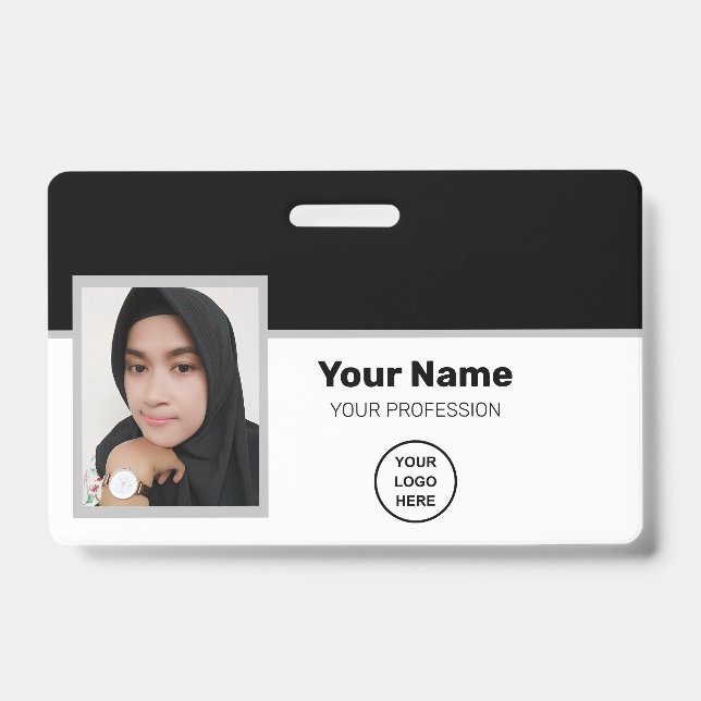 Crachá Funcionário Preto Personalizado: Foto, Código de B (Frente)