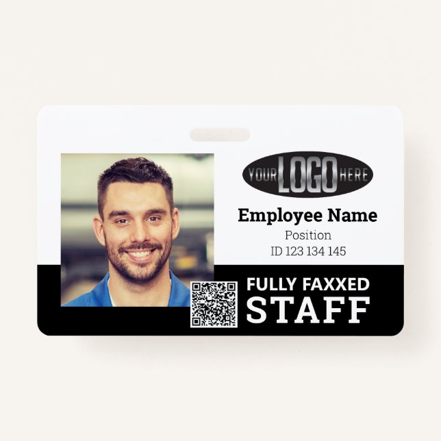 Crachá Funcionarios comercial ID de foto QR Code Black Wh (Frente)