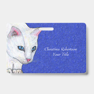 Crachá Gato Branco com Olhos Azuis Brilhantes no Azul Esp