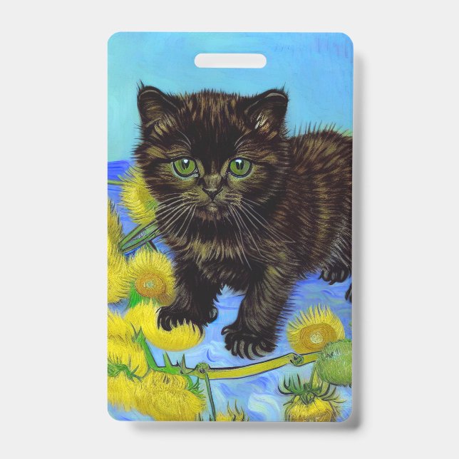Crachá Gato Estilo Van Gogh com Girassóis (Frente)
