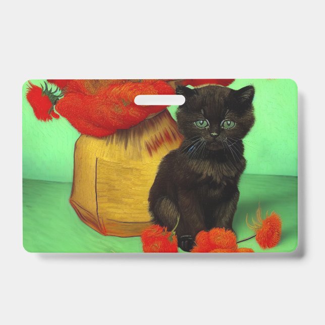 Crachá Gato Preto de Van Gogh com Flores Vermelhas (Frente)