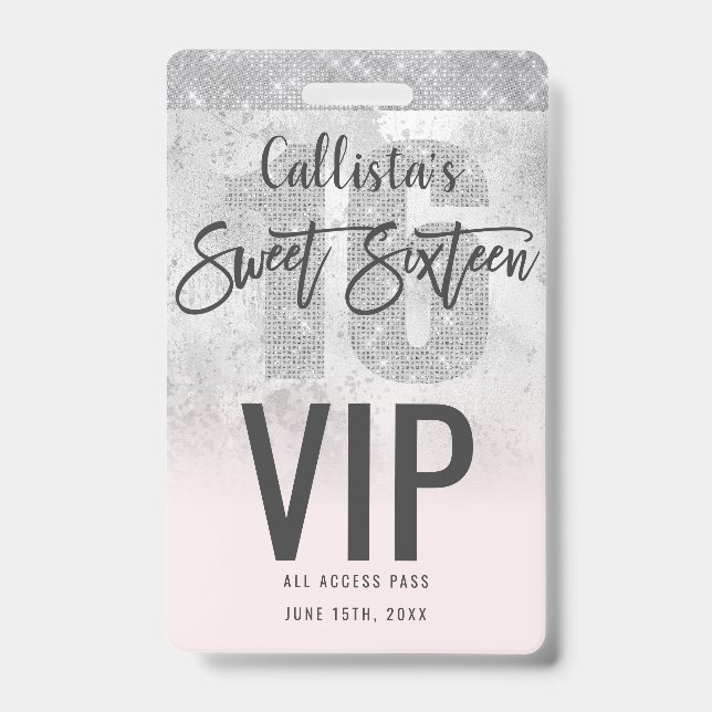 Crachá Girly Grunge Silver Pink Glitter Foil Sweet 16 (Frente)