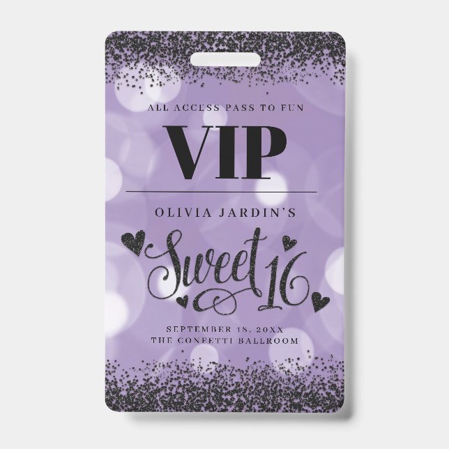 Crachá Glam Black & Purple Sweet 16 (Frente)