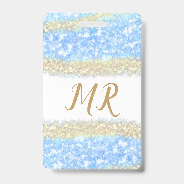 Crachá glitter dourado azul glitter glitter nome monogram (Frente)
