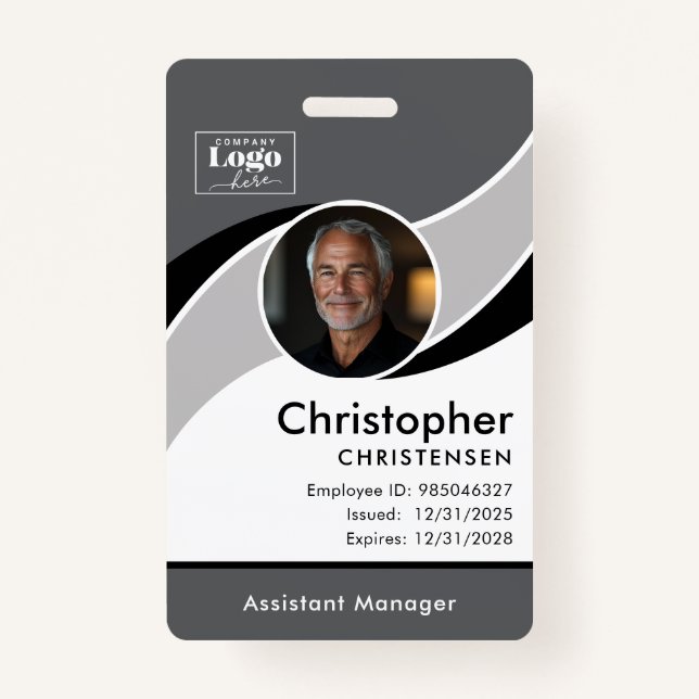 Crachá Gray White Black Corporate Employee ID Badge (Frente)