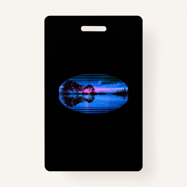 Crachá Guitar Sunset Sky Trees, Reflexão da Cidade do Lag (Frente)