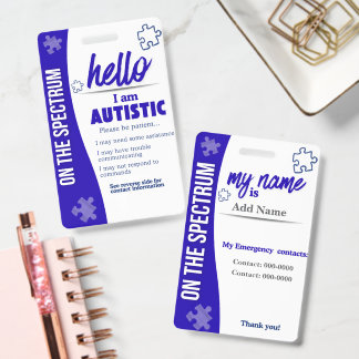 Crachá I Have Autism ID Personalized Autistic Name Badge