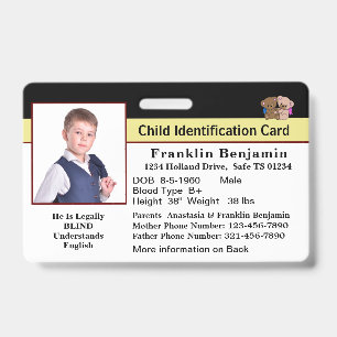 Crachá Id Cartão De Identificação Child Photo Emergenc