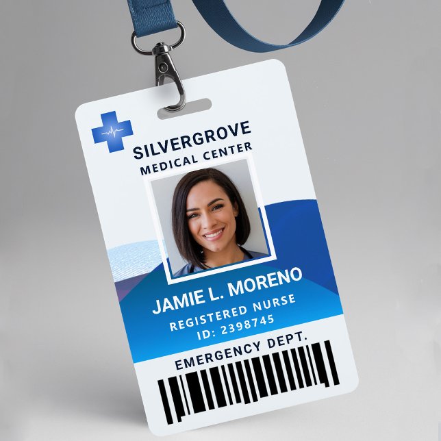 Crachá ID da Enfermeira de Fotografias do Hospital de Log (nurse id badge template hospital clinic medical center office clinic blue logo photo bar code)