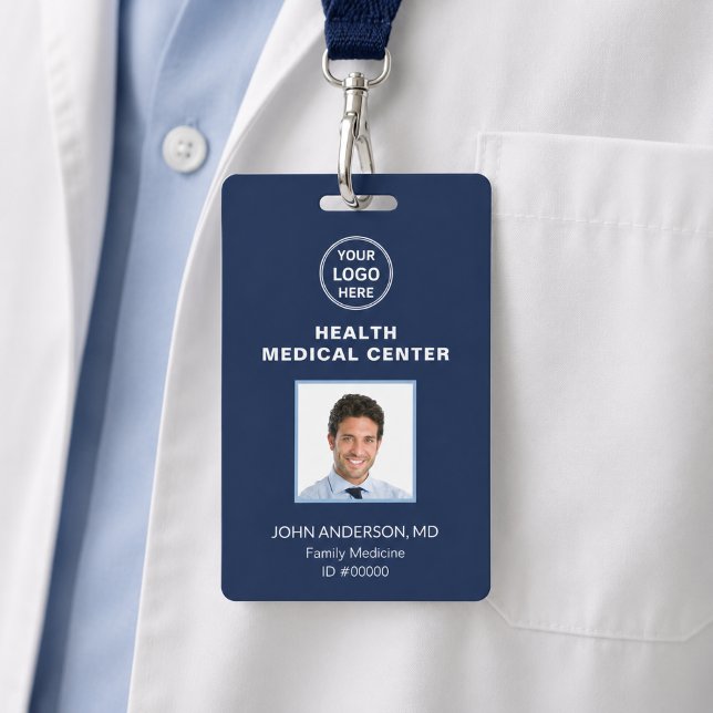 Crachá ID de Código de Barras Clínica Médica Médico Azul  (Bar Code ID Medical Clinic Doctor Navy Blue Badge)