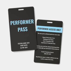 Crachá ID de Concerto de Acesso de Artista Performer Pers
