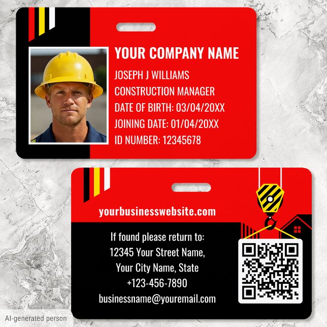 Crachá ID de Construção Personalizado QR Code Vermelho Pr (Criador carregado)