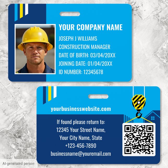 Crachá ID de Construção Personalizado Trabalho QR Code Az (Criador carregado)