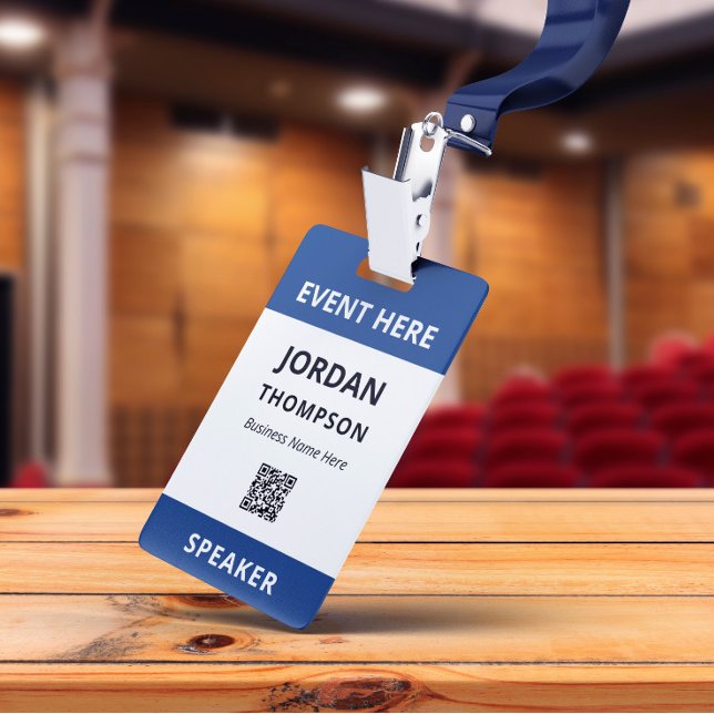 Crachá ID de Evento de Código QR Azul Escuro Simples (Criador carregado)