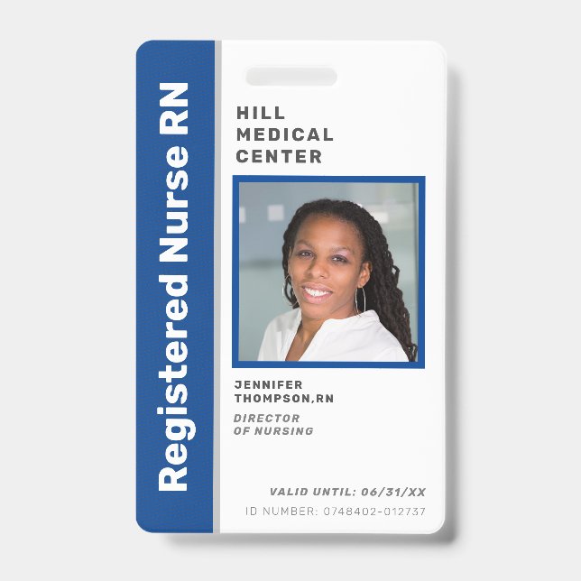 Crachá ID de Foto Azul de Funcionário Médico (Frente)