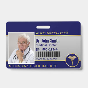 Crachá ID de Foto Azul Dourada para Caduco Médico Profiss