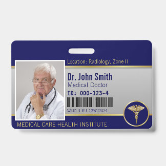Crachá ID de Foto Azul Dourada para Caduco Médico Profiss