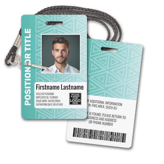 Crachá ID de Foto do Funcionário - código de bar de logot (Plastic ID Badge - Customize with Employee Photo and Credentials. Teal Tribal Pattern Accents)
