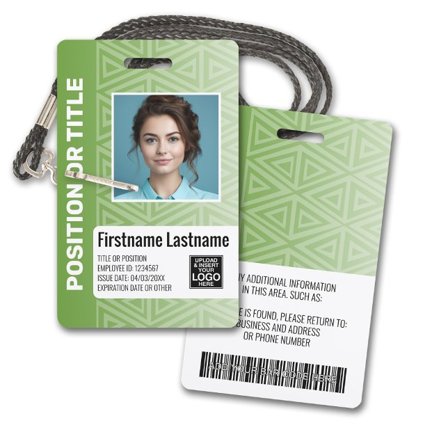 Crachá ID de Foto do Funcionário - código de bar de logot (Plastic ID Badge - Customize with Employee Photo and Credentials. Green Tribal Pattern Accents)
