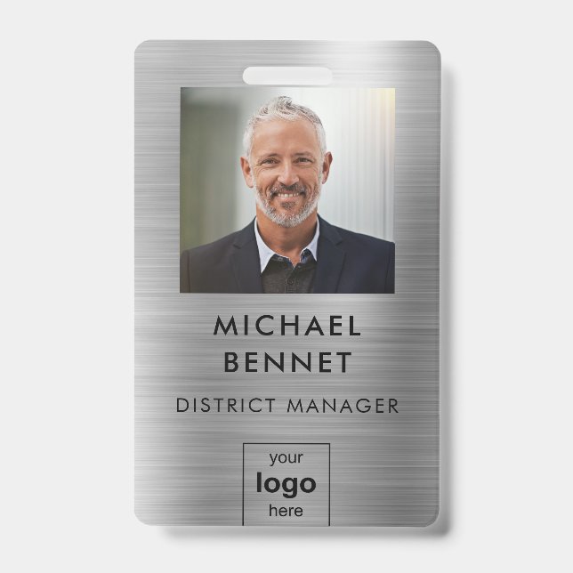 Crachá ID de Foto do Funcionário do Modern Silver (Front)