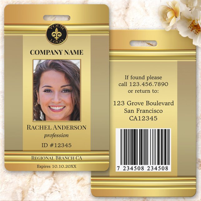 Crachá ID de Foto do Funcionário Dourado Elegante (Elegant gold design photo ID badge with space for your custom photo and logo)