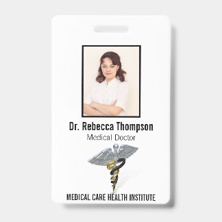Crachá ID de Foto Dourada Preta de Prata Médica Caduceus