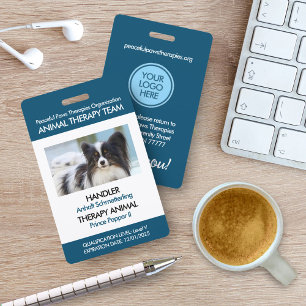 Crachá ID de Foto Personalizada de Animal de Terapia Azul