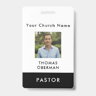 Crachá ID de Foto Personalizado Moderno Preto para Pastor
