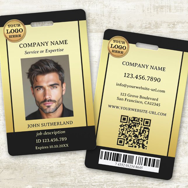 Crachá ID de Foto Preta Dourada Profissional (Professional staff photo ID badge featuring your photo and logo on a gold and black design)
