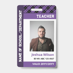 Crachá ID de Foto Xadrez Roxo Professor Escola