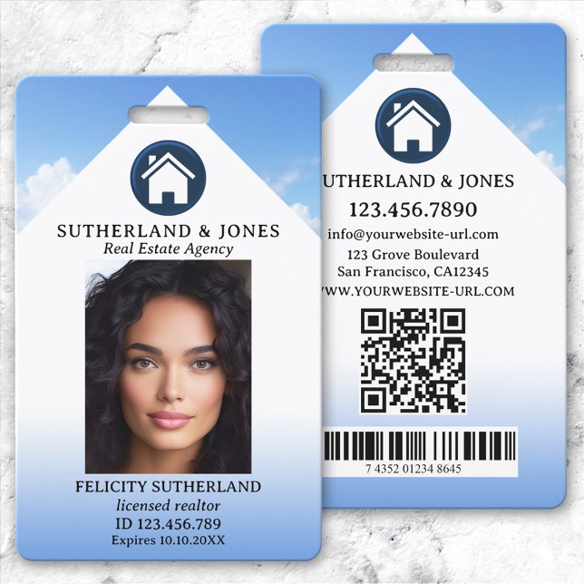 Crachá ID de Fotografia do agente imobiliário branco azul (Professional photo ID badge featuring your custom photo and logo on an elegant blue white design)