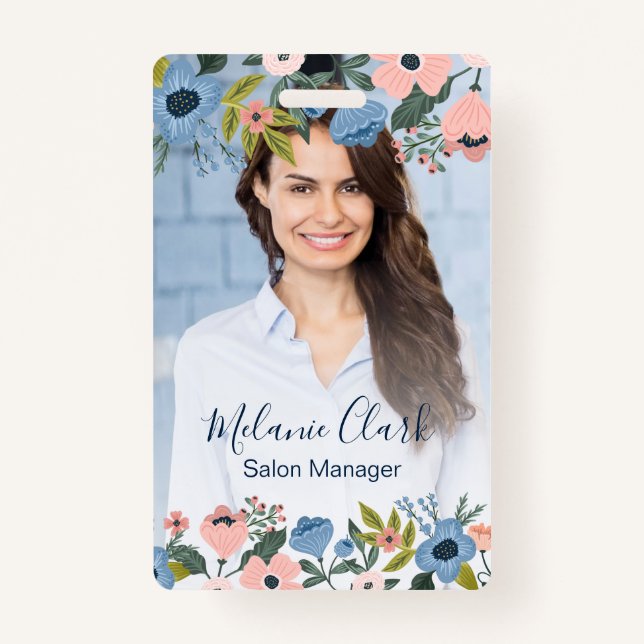 Crachá ID de Fotografia do Quadro Floral bonito Rosa e Az (Frente)