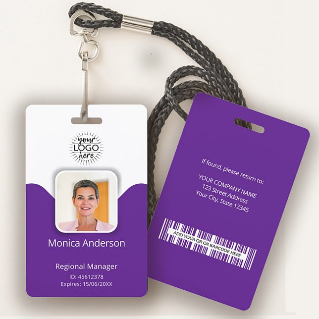 Crachá ID de Funcionário Roxo com Foto, Nome e Código QR (Purple Employee Photo ID Name QR Bar Code Vertical Badge)