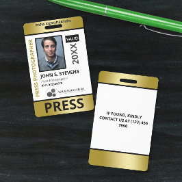 Crachá ID de imprensa com foto e logotipo em dourado fals