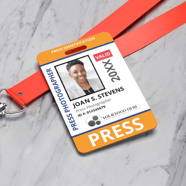 Crachá ID de imprensa de foto e logotipo laranja azul (Criador carregado)