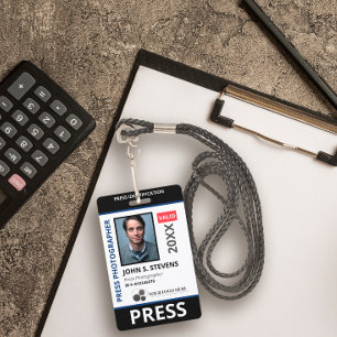 Crachá ID de Imprensa de Foto e Logotipo Preto Azul