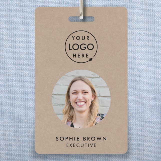 Crachá ID de Negócios Kraft Rústico | QR de Funcionário M (Rustic Kraft company branded staff ID badges for business networking & employee identification.)