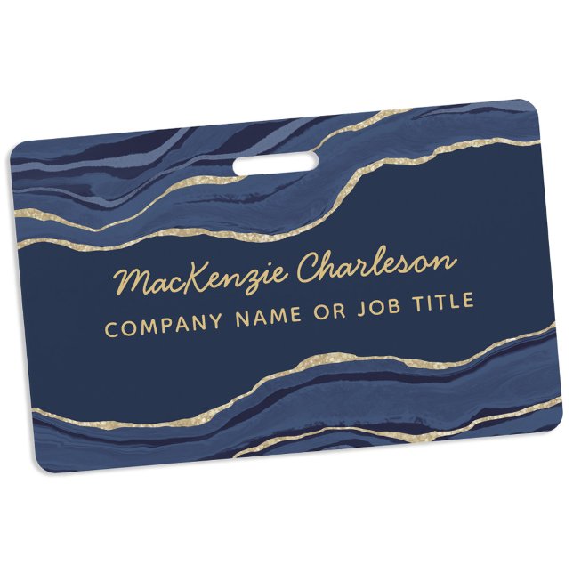 Crachá ID de nome comercial em mármore de ágata azul-mari (Navy blue gold agate marble geode professional business name ID badge)