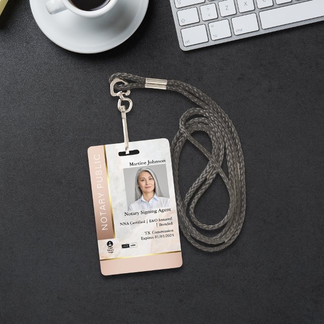 Crachá ID de Notário Personalizado do Marble Rosa Clássic (Criador carregado)