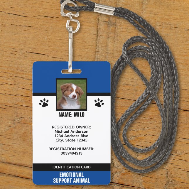 Crachá ID do Animal do Serviço de Suporte Emocional Azul  (blue black and white emotional support service animal id badge)