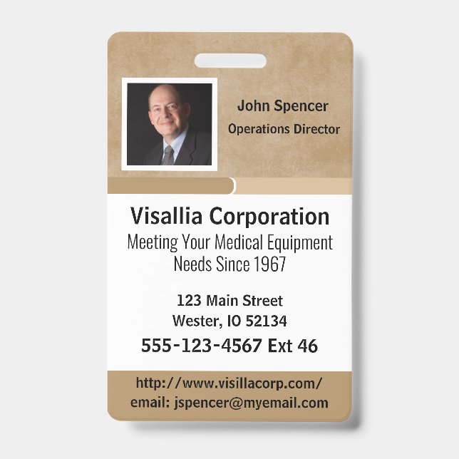 Crachá ID do Funcionário Bege e Branco Vertical (Frente)