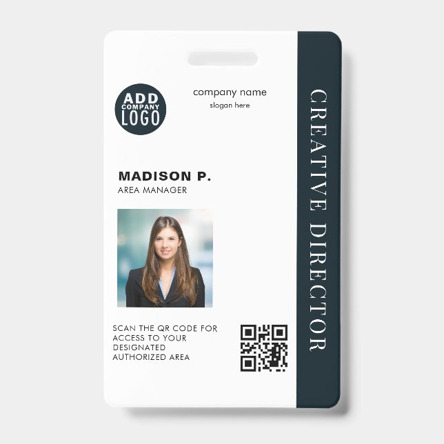 Crachá ID personalizado da empresa com código QR e foto (Frente)